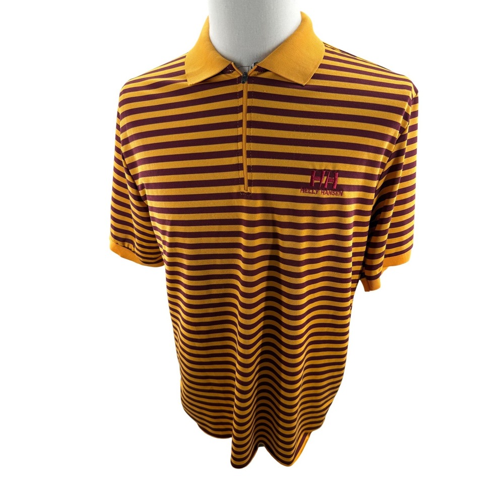 Helly Hansen Mens Striped‎ Quarter Zip Polo Shirt Gold Burgundy Size Medium